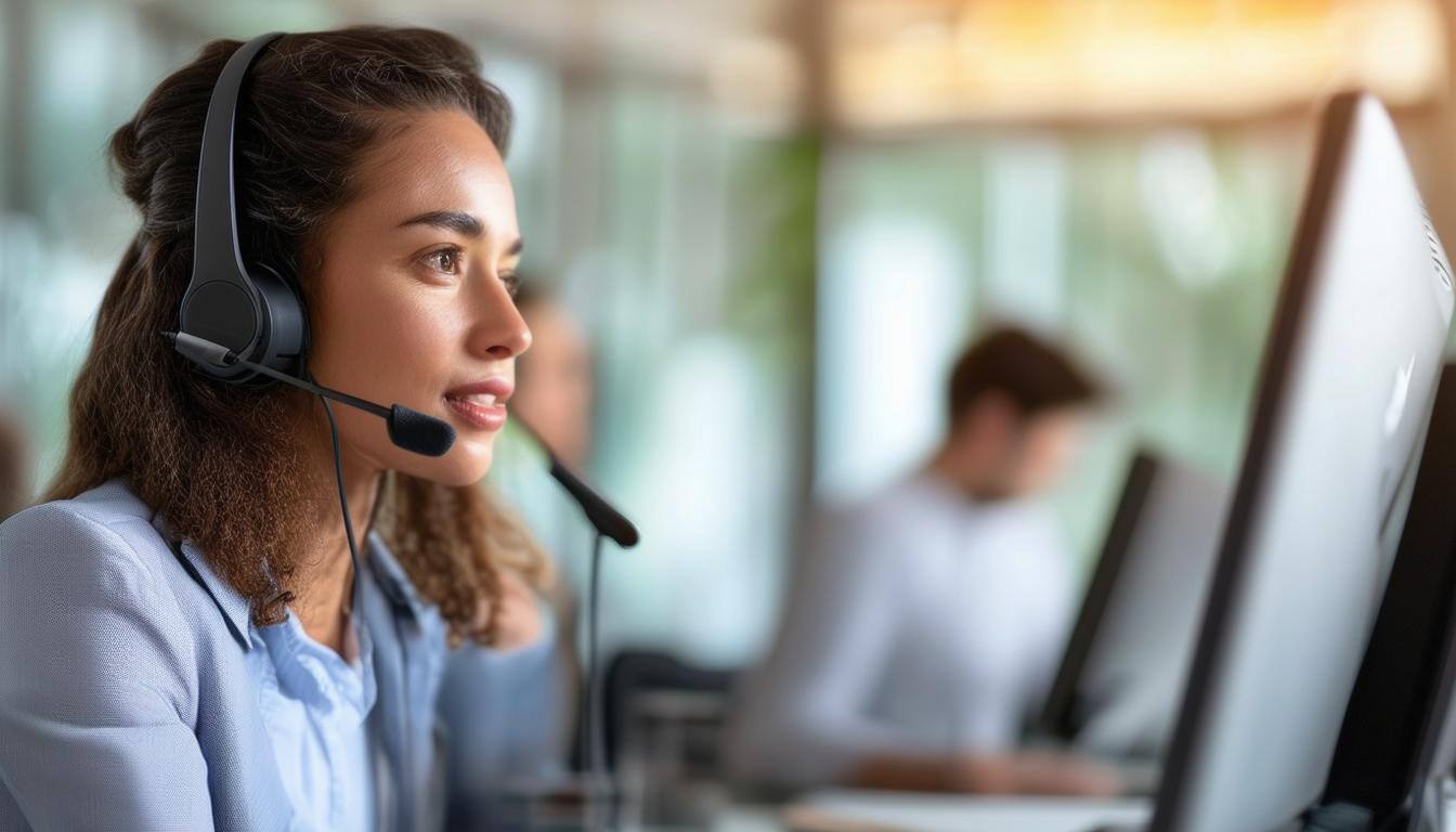 a business person speaking with a headset on their computer